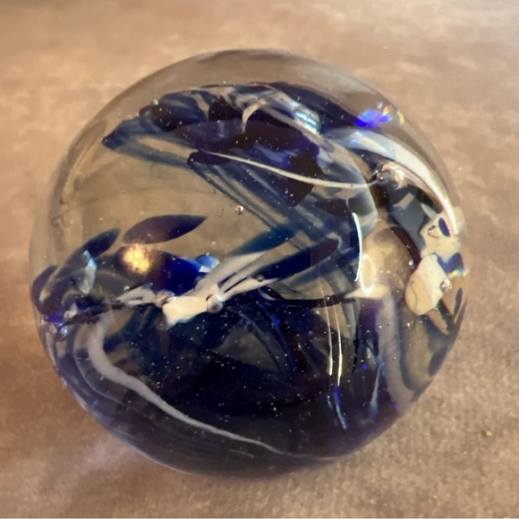 Small Hand-Blown Glass Paperweight With Swirling Blue & White Design - Picture 3 of 6